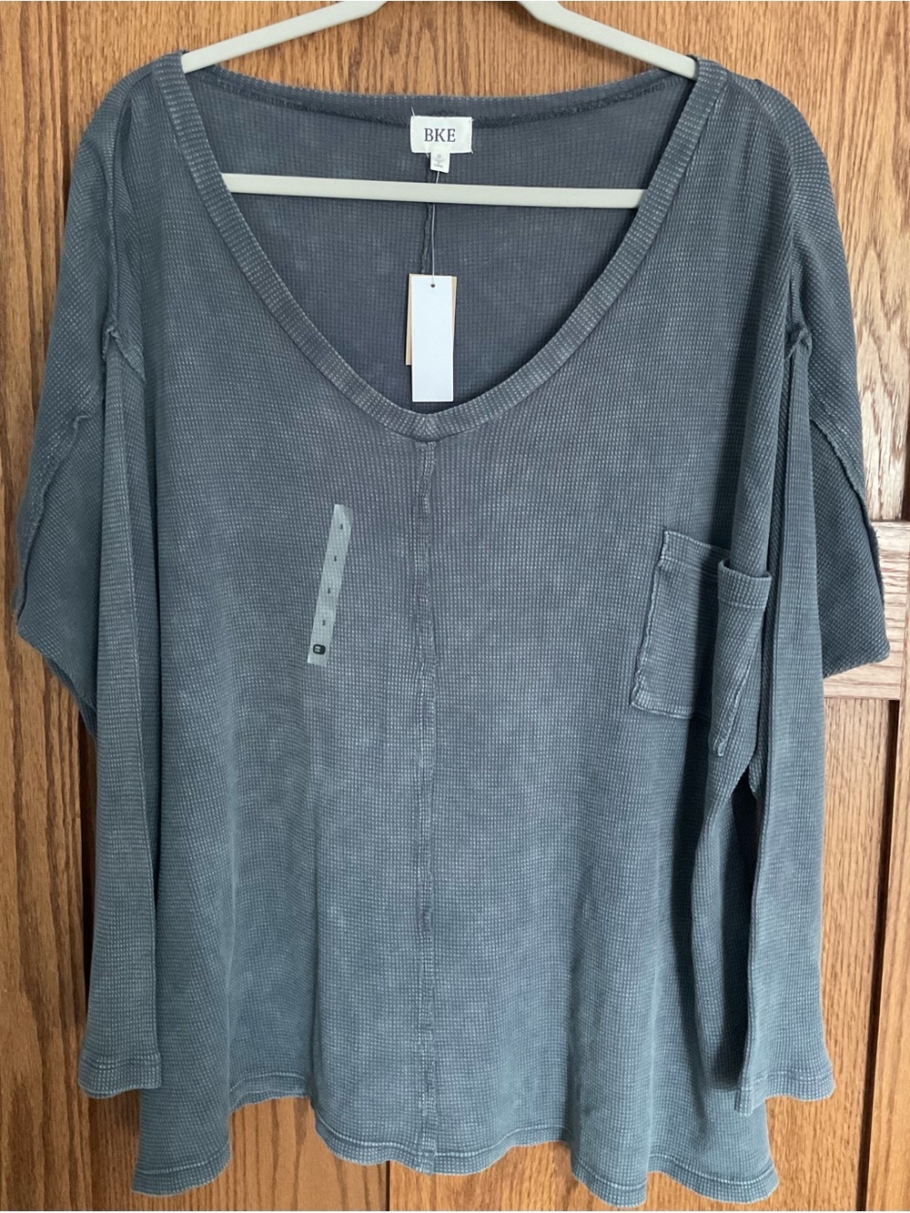 BKE Gray V-Neck Waffle Knit Long Sleeve Top with Chest Pocket